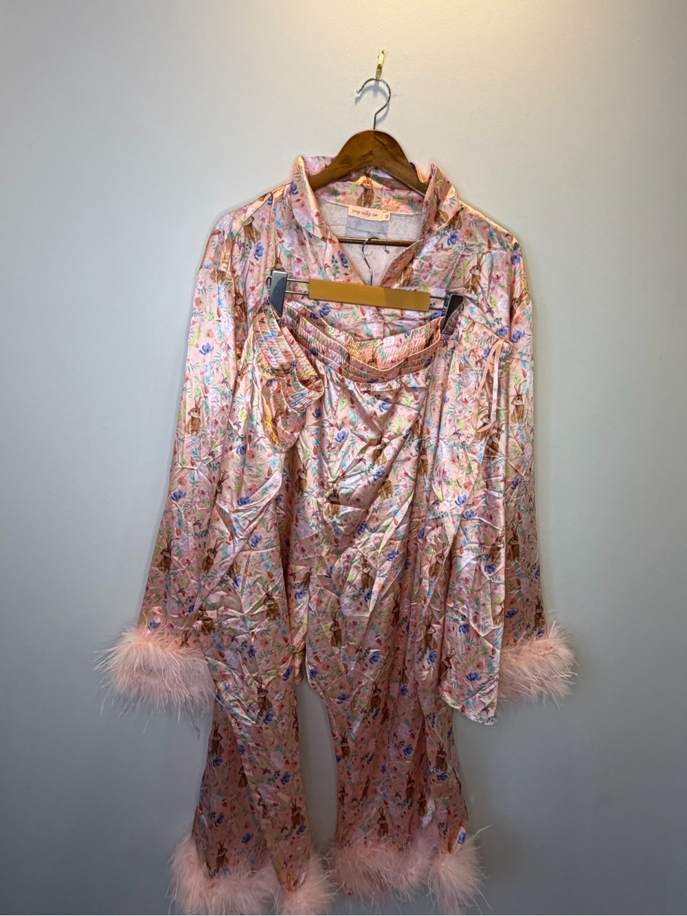 Ivy City Co Pink Floral Satin Pajama Set with Feather Trim